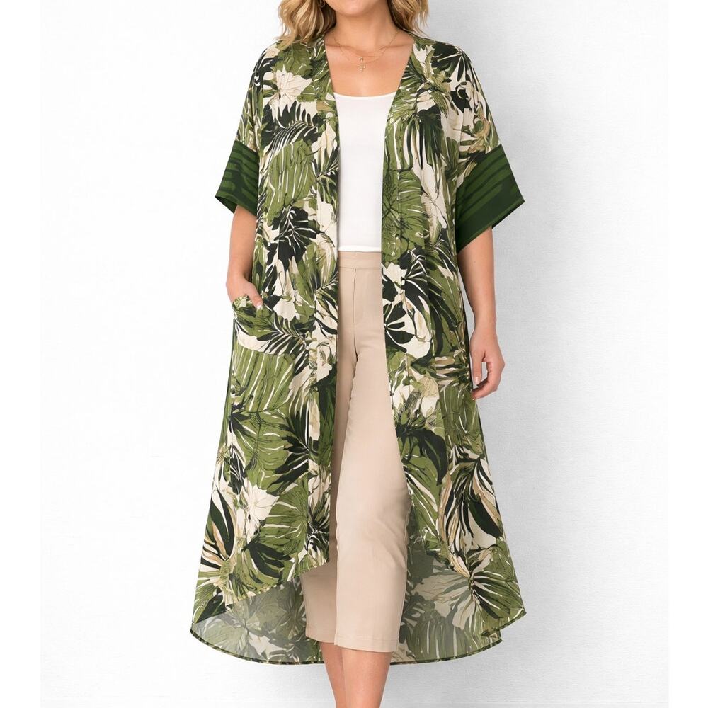 Attitudes by Renee Tropical Palm Maxi Duster Kimono Jacket Olive Green 1XP Plus